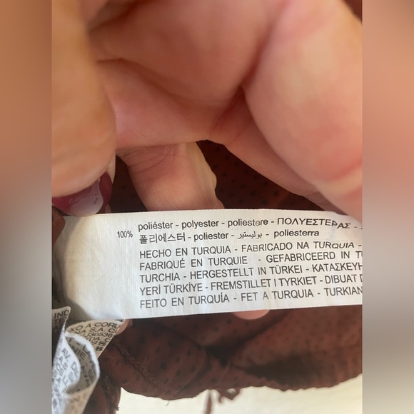 Zara Basics brown / black Swiss dot button up silky blouse, drawstring hem; S - Picture 7 of 8